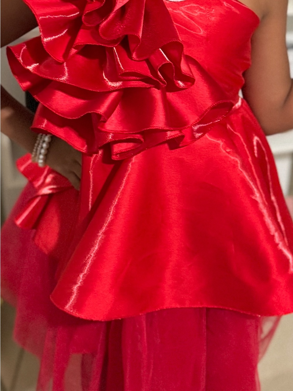 Girls' Red Ruffled One-Shoulder Party Dress